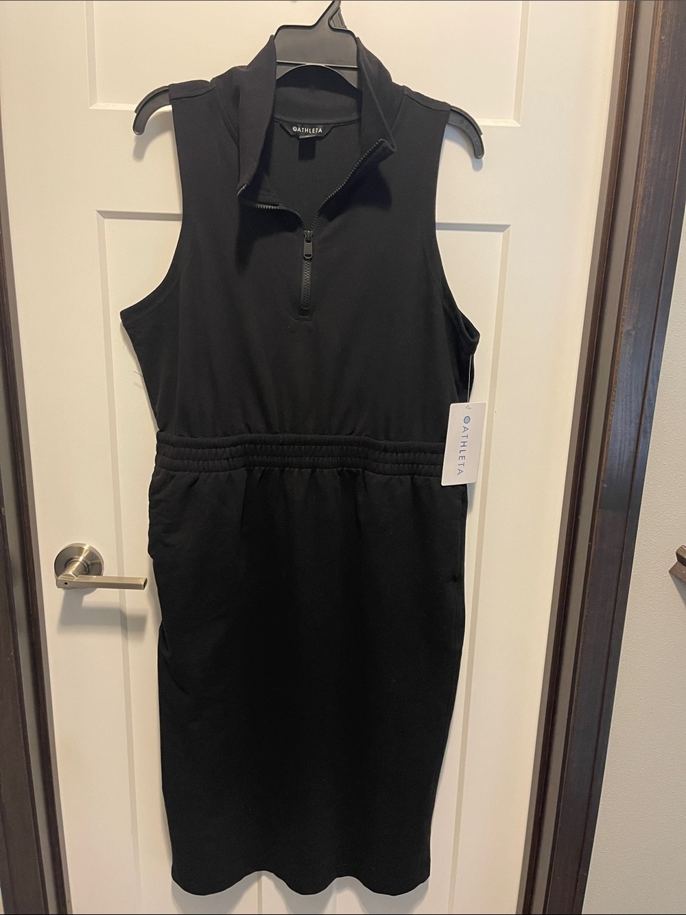 Athleta Black Sleeveless Half-Zip Waist-Defined Dress